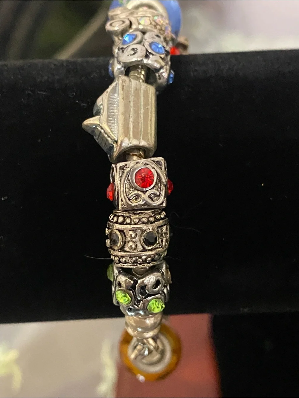 Vintage European Loaded Charm Bracelet Multi-Color Rhinestones & Lampwork Glass